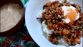 【食感最高】新潟の郷土料理きりざい風納豆ご飯と玉ねぎの味噌汁【和食】