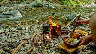 【ソロデイキャンプ】夏の渓流野営場🍛焚火スパイス料理🔥solo camping bushcraft Campfire Cooking