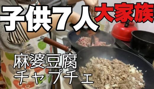 【大家族料理】麻婆豆腐　チャプチェ　子供は丸美屋の麻婆豆腐が好きみたいなので2種類使いました😉　ぶんぶんチョッパー行方不明中